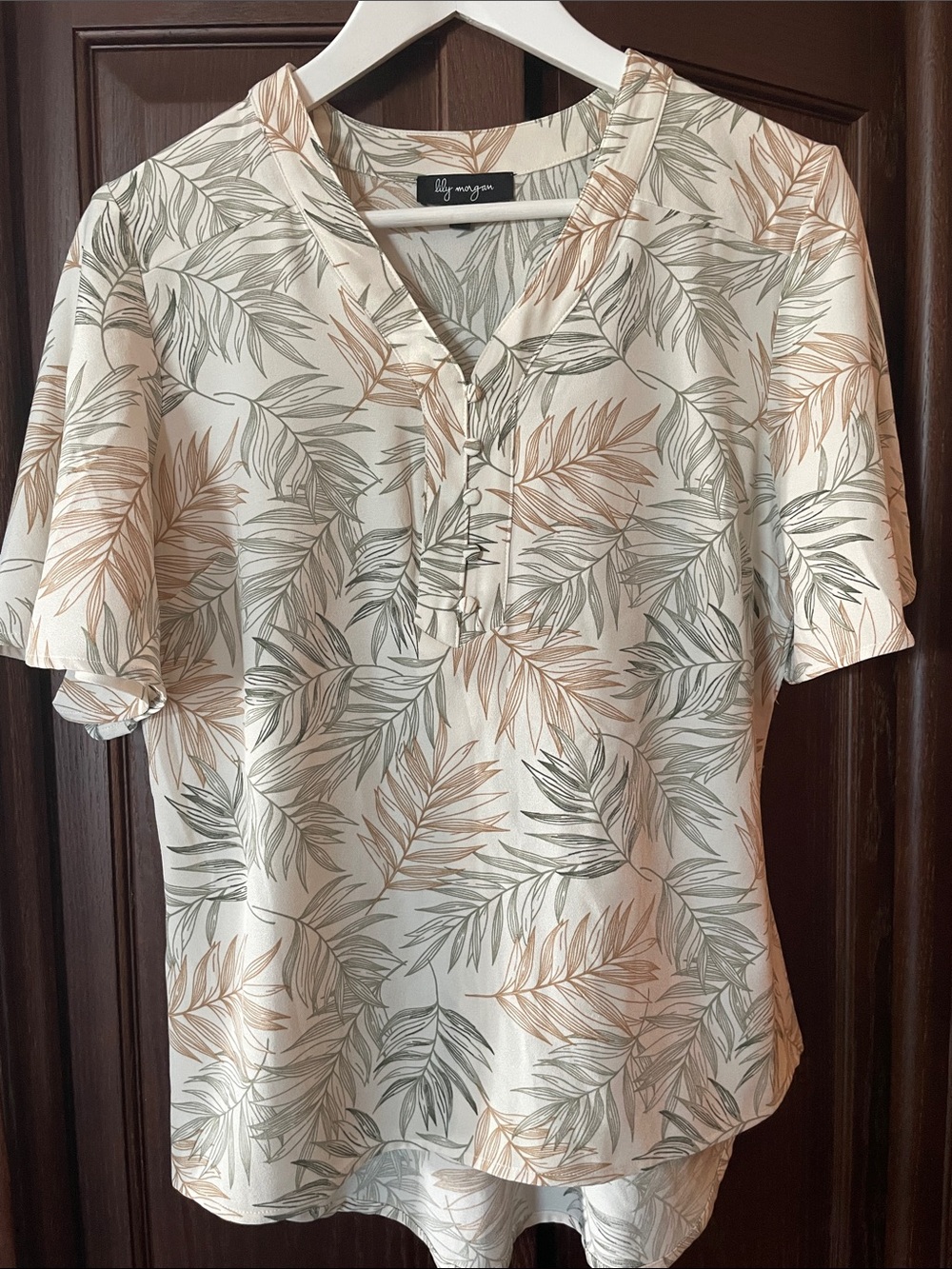 Light Cream Botanical Print Short Sleeve Button-Front Top